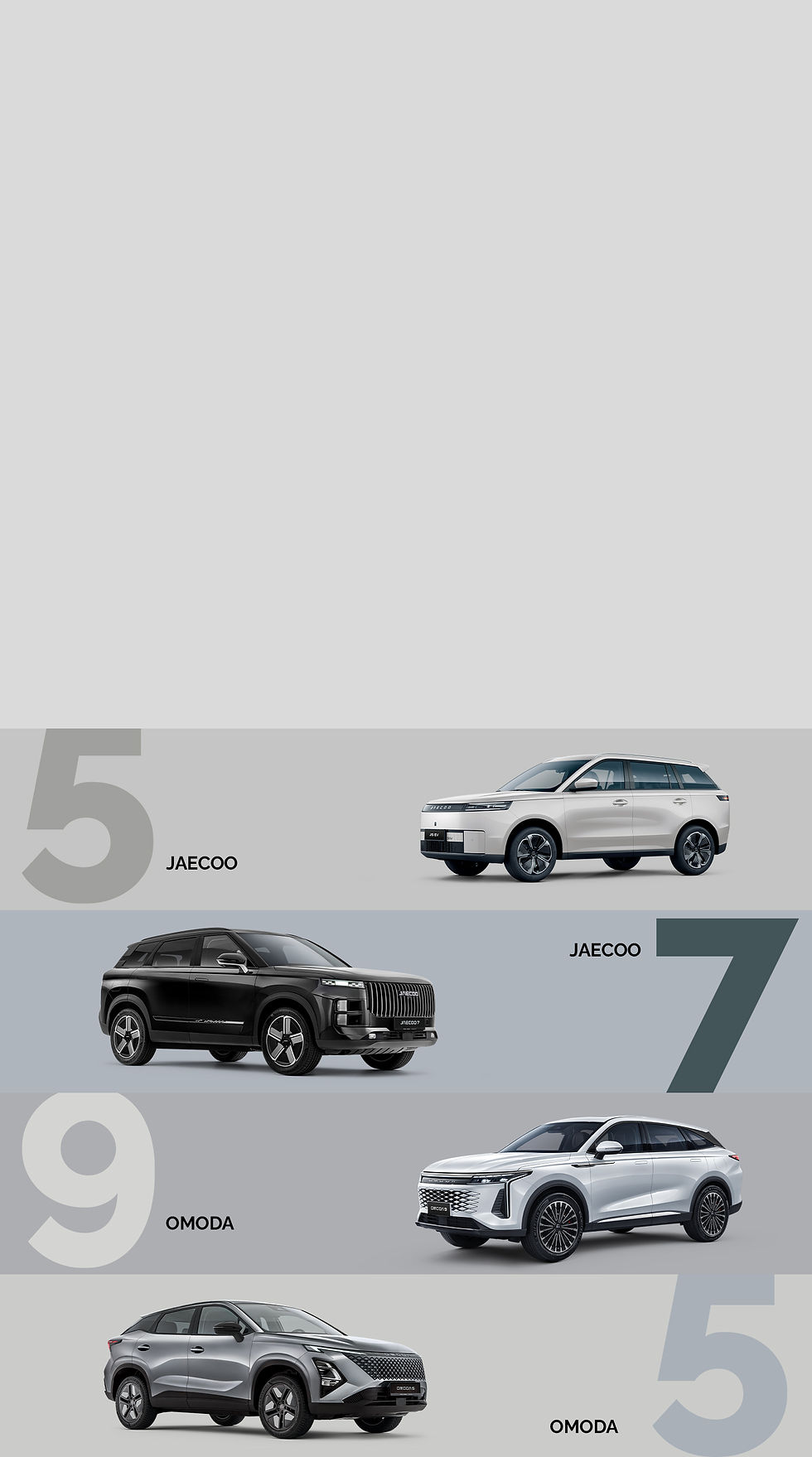 Vier Fahrzeugmodelle (Omoda 5 und 9, Jaecoo 5 und 7) im Überblick mit Kontakt-Button für Anfragen